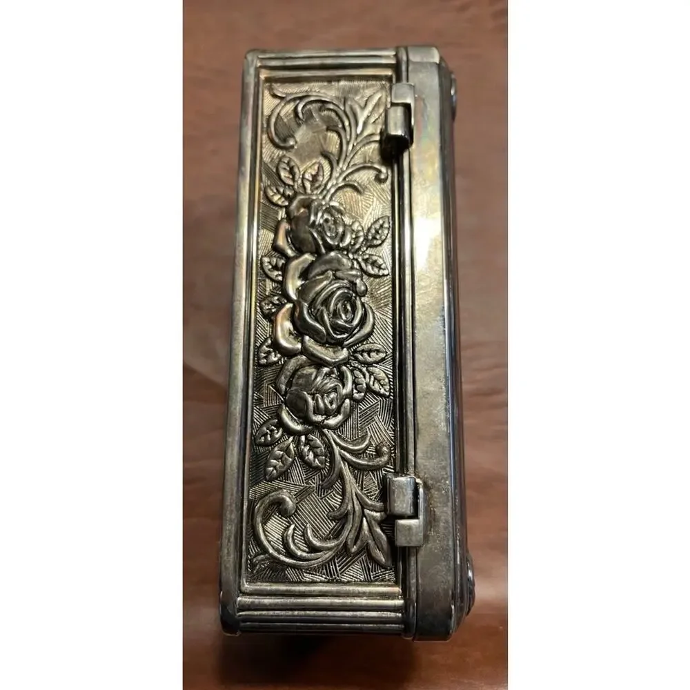 Vintage silver plated jewelry box engraved Hollywood Regency style